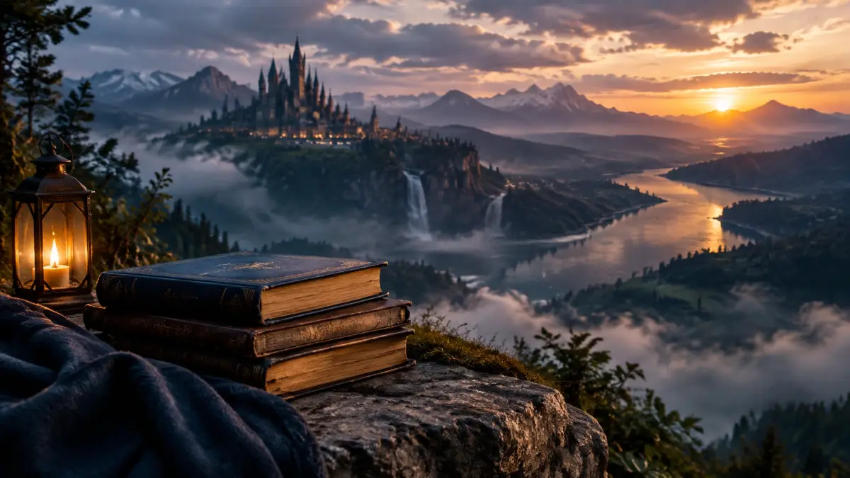 Old books overlooking a castle valley at sunset